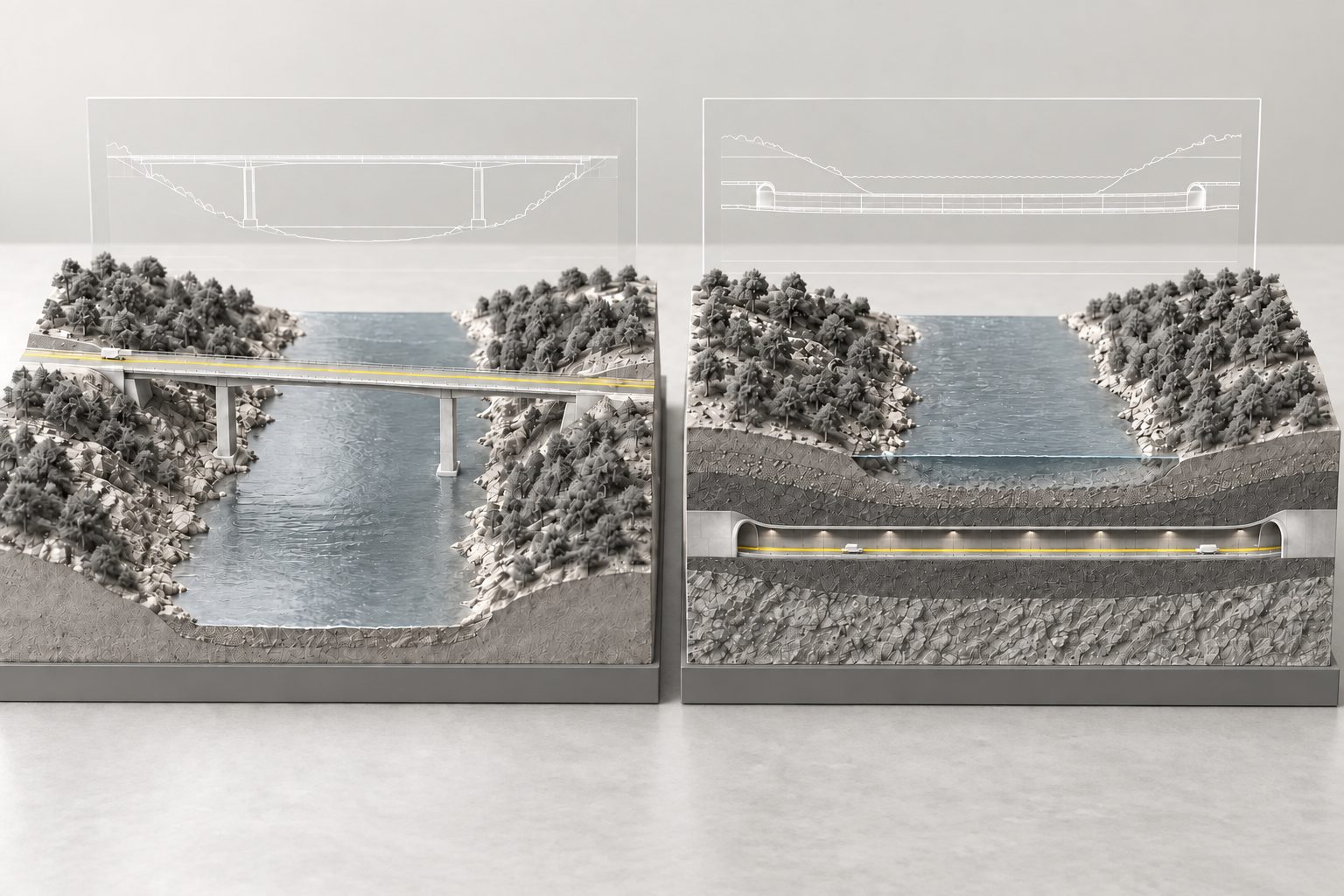 Zwei Modelle desselben Flusstals nebeneinander: links eine Brücke über den Fluss, rechts ein Tunnel darunter im Schnitt, darüber je eine Variantenzeichnung auf Glas
