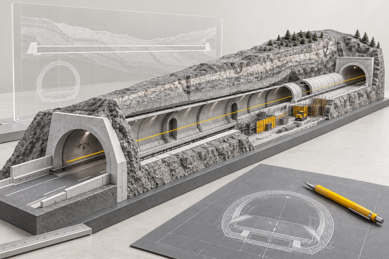 Längsschnitt durch ein Tunnelbauwerk vom Portal bis zum Ausbau, daneben Planzeichnungen des Querschnitts