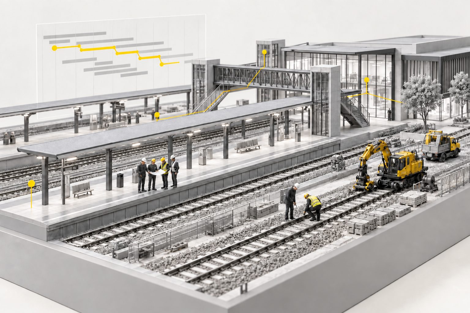 Modell eines Bahnhofs im Umbau: Abstimmung mit Plan auf dem Bahnsteig, Gleisbau mit Bagger und ein Terminplan auf einer Glastafel