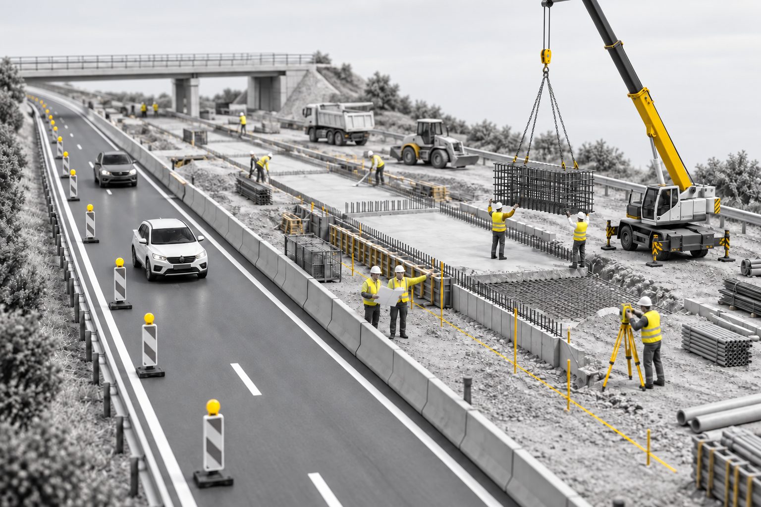 Autobahnbaustelle neben dem laufenden Verkehr: Bauüberwachung mit Plan, Vermessung mit Tachymeter und ein Mobilkran hebt einen Bewehrungskorb