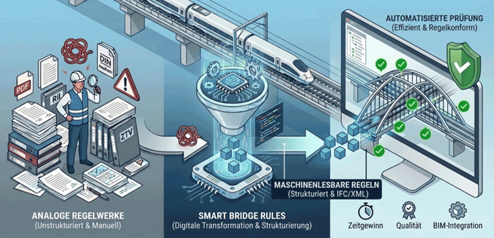 Schema des Projekts SmartBridgeRules: vom analogen Regelwerk zur automatisierten Prüfung