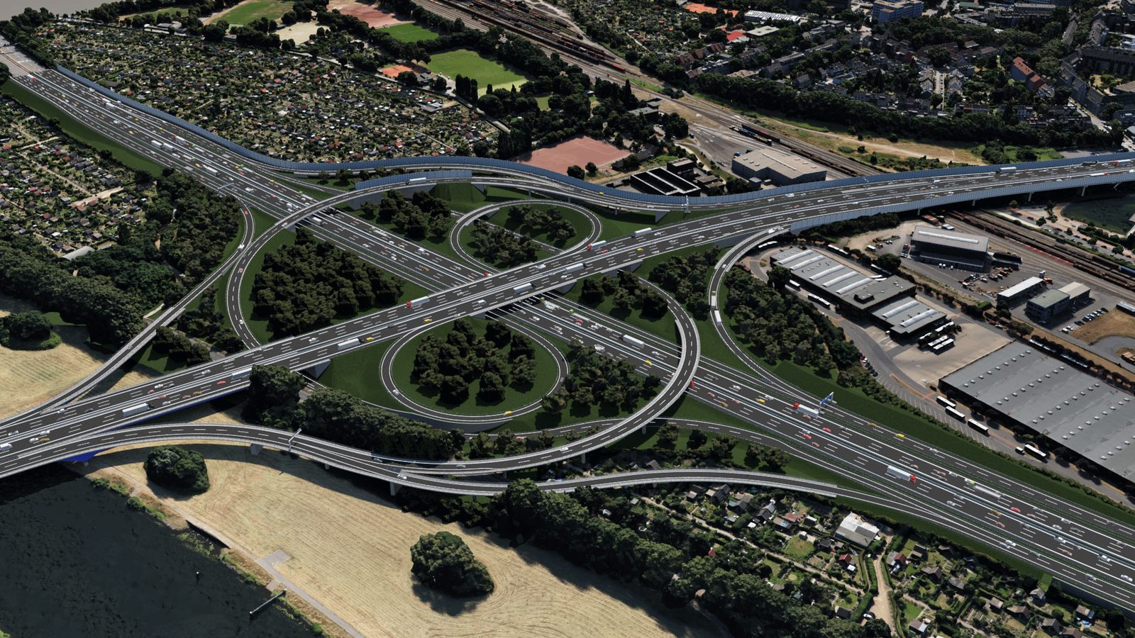 Visualisierung des Autobahnkreuzes Duisburg aus der Vogelperspektive