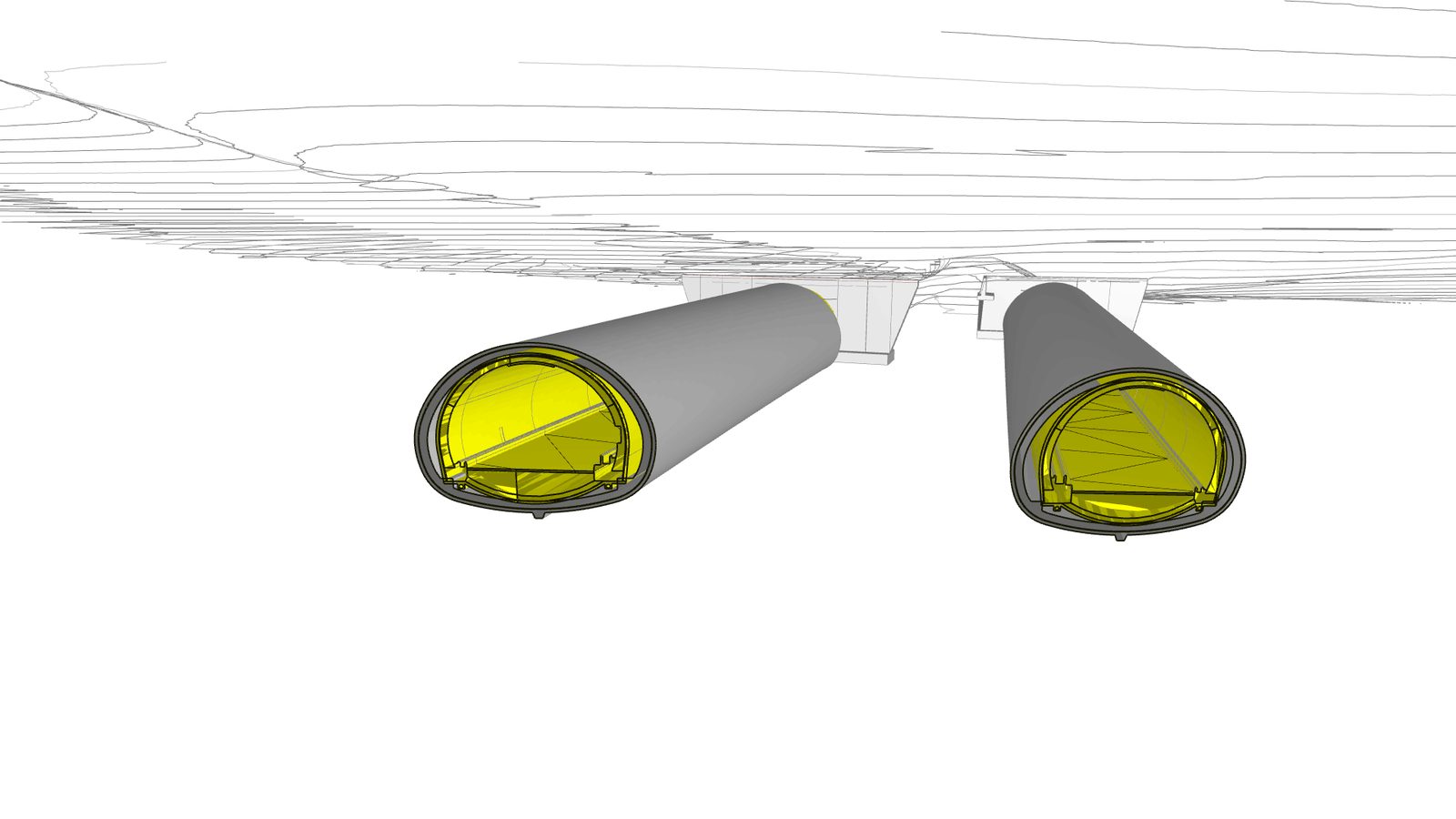 Modell der beiden Röhren des Tunnels Hölzern mit gelb markiertem Lichtraum