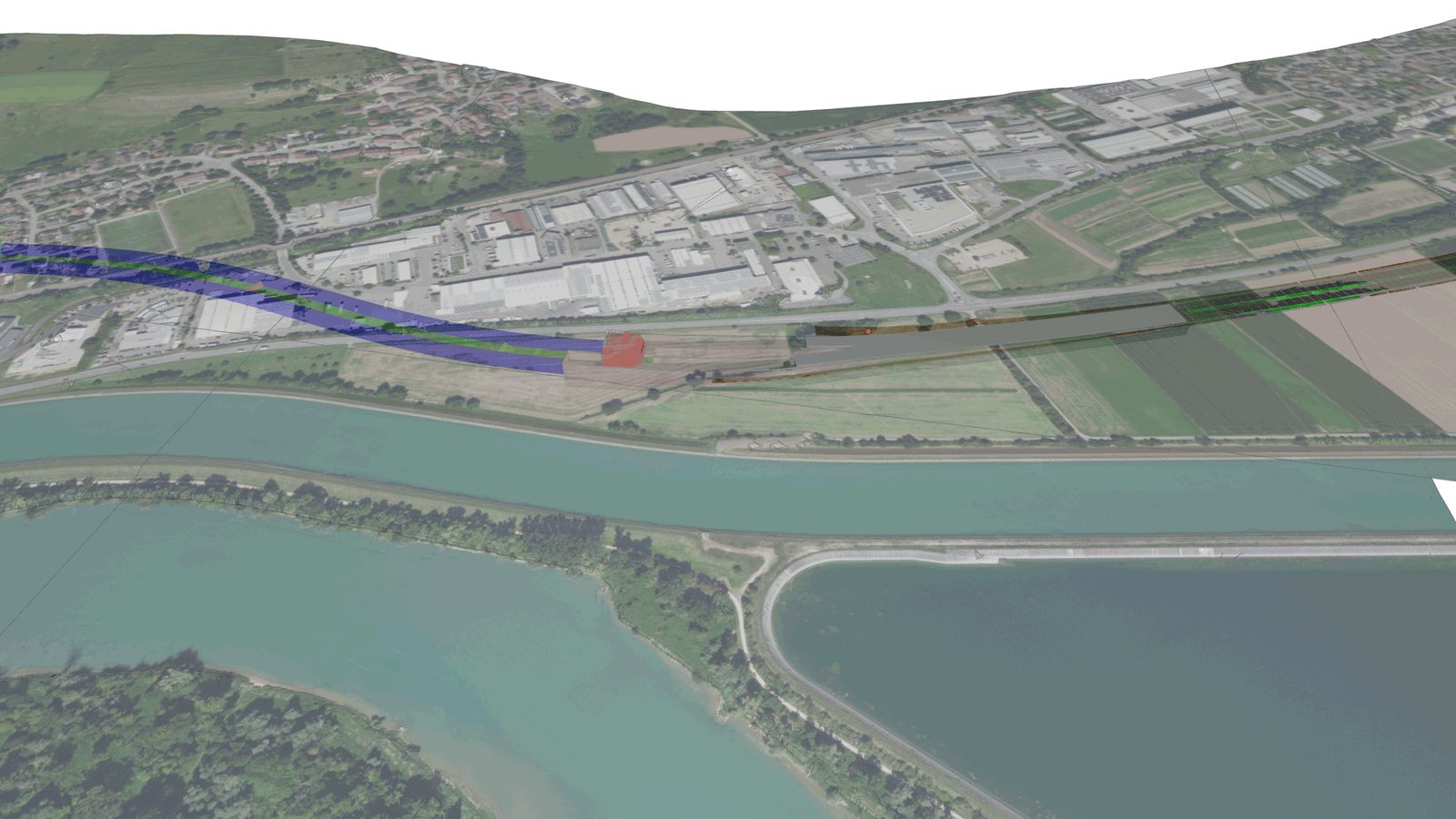 Geländemodell mit dem blau markierten Tunnel Albbruck am Hochrhein