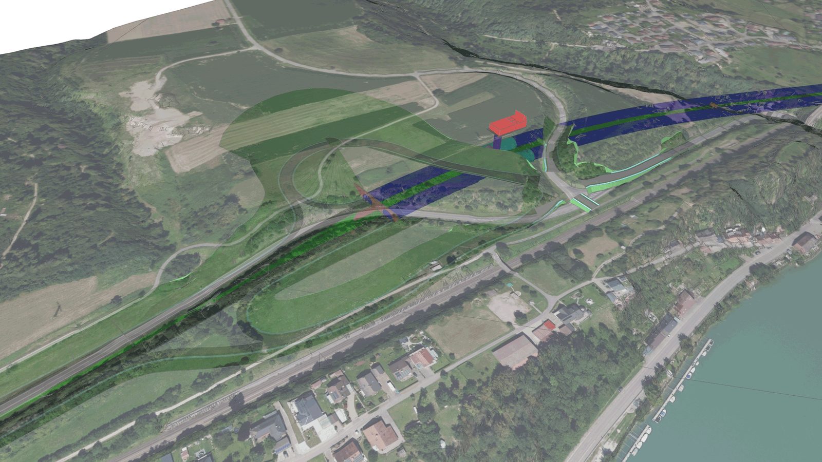 Geländemodell des Tunnels Waldshut mit rot markiertem Portalbereich
