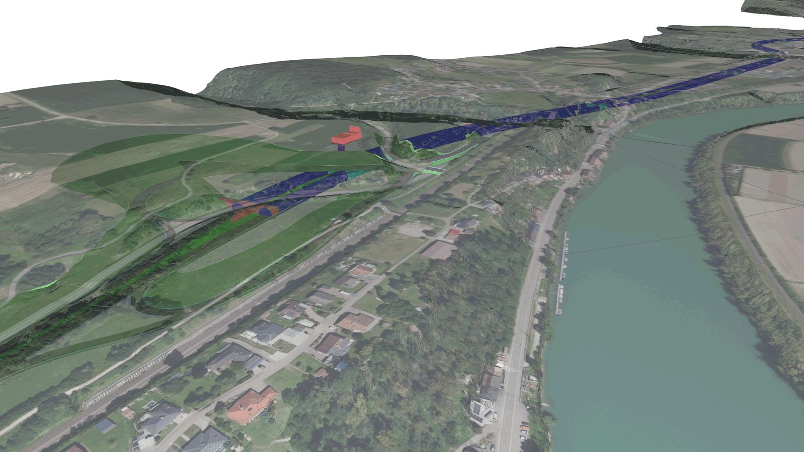 Geländemodell mit dem Westportal des Tunnels und dem Rheinverlauf
