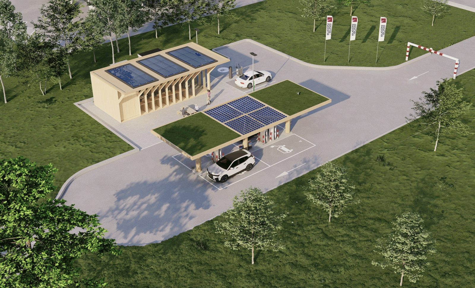 Visualisierung eines Ladeparks mit Photovoltaik-Überdachung und Ladesäulen