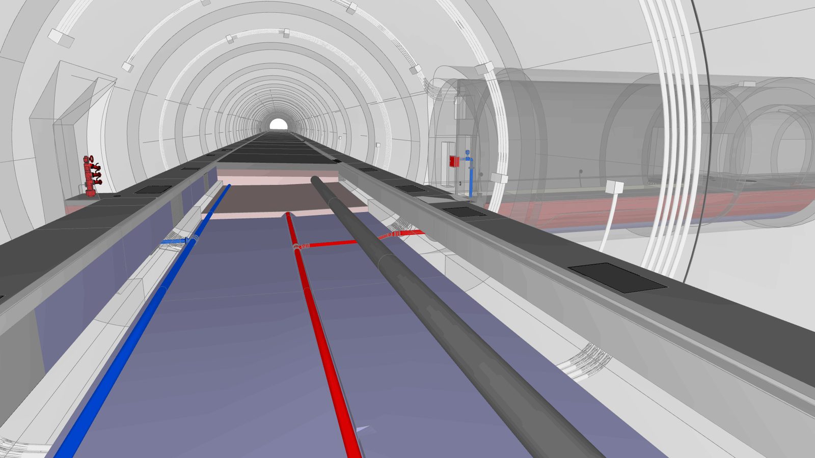 Modellansicht des Tunnelinneren mit Abgangsblock und Betriebseinrichtungen