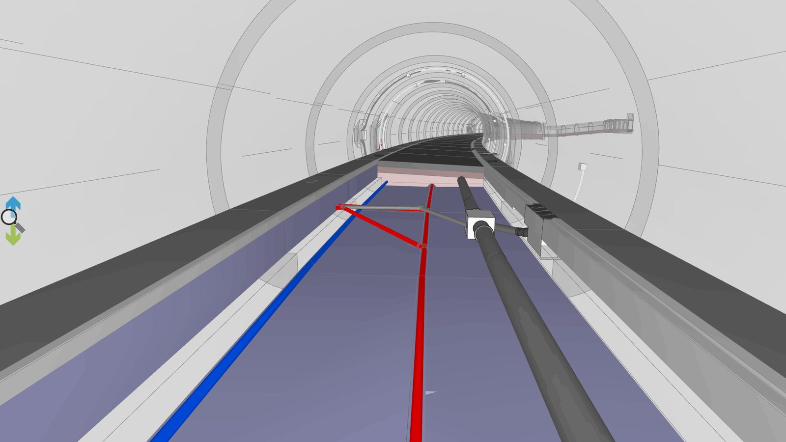 Modellansicht der Fahrbahn im Tunnel mit farbig abgesetzten Entwässerungsleitungen