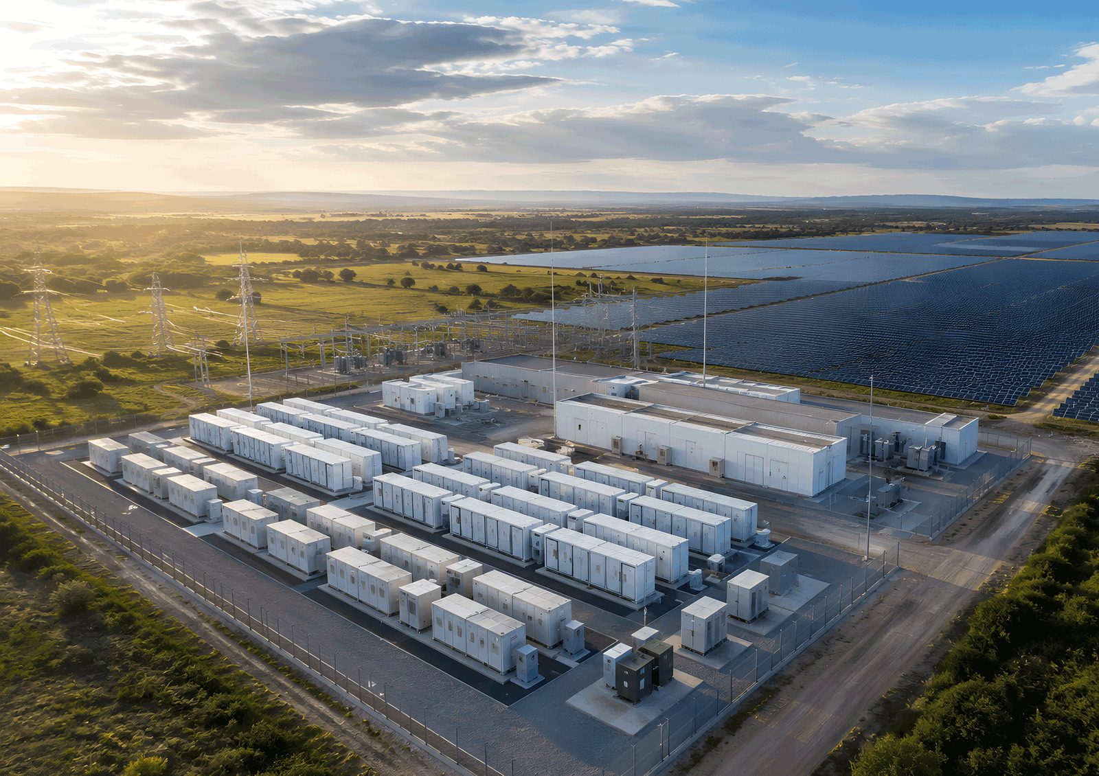 Luftbild eines Batteriespeicherparks mit Containerreihen neben einer Freiflächen-Photovoltaikanlage