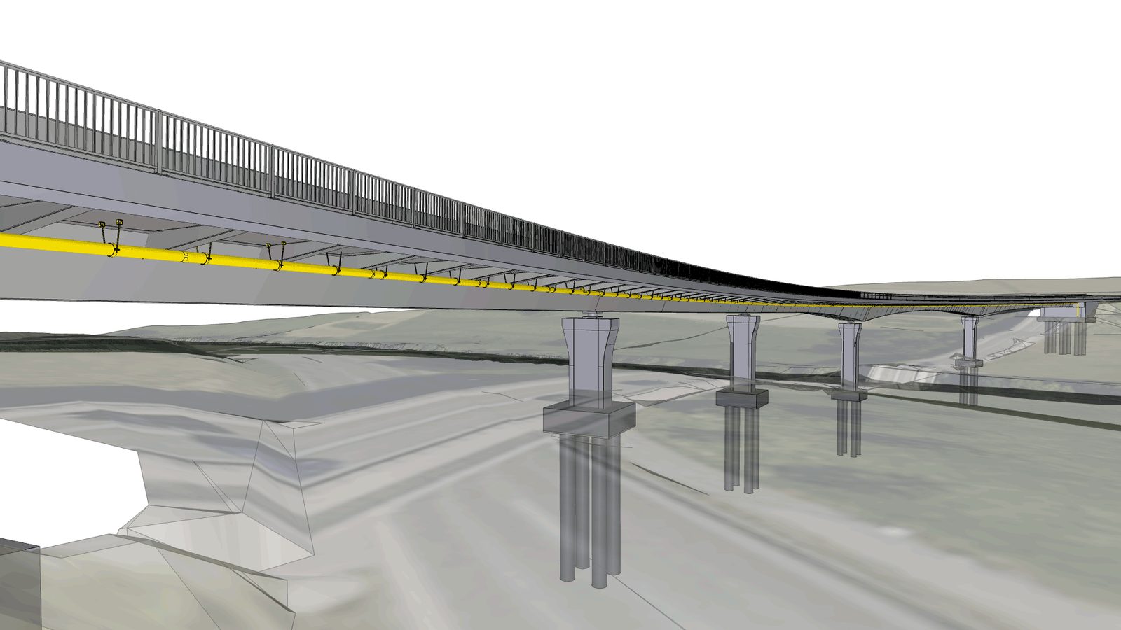 Modellansicht der Aichtalbrücke von unten mit gelb abgesetztem Überbau