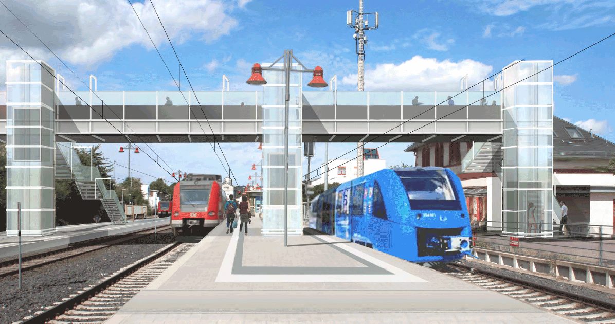 Visualisierung des elektrifizierten Bahnhofs der Taunusbahn mit Zug und Fußgängerbrücke