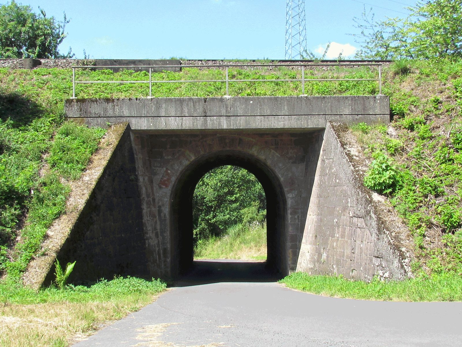 Asphaltierter Weg unter einer rundbogigen Eisenbahnunterführung im Grünen