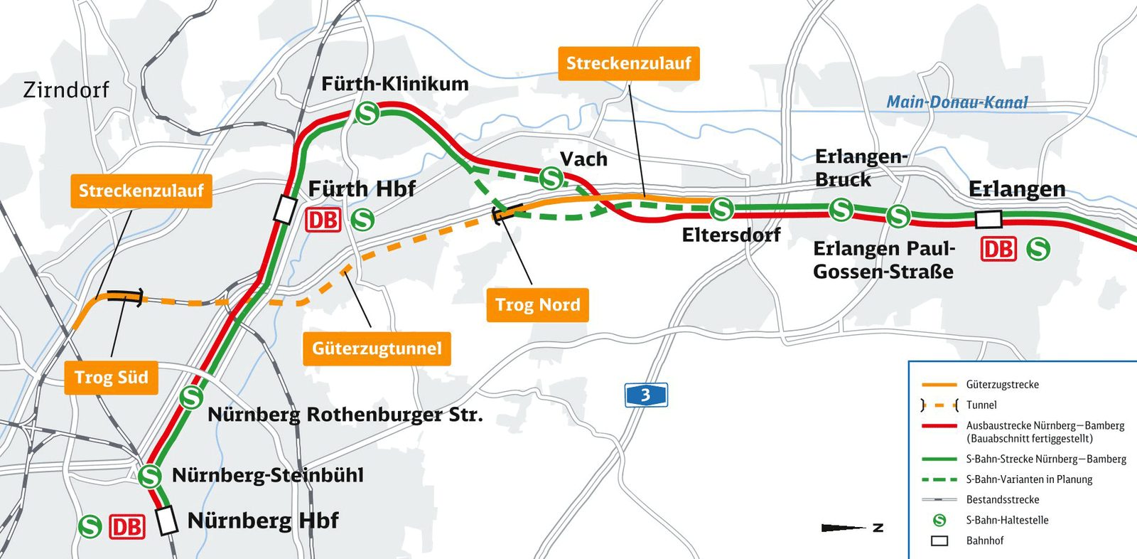 Streckenkarte des Güterzugtunnels Fürth im Netz zwischen Nürnberg und Erlangen