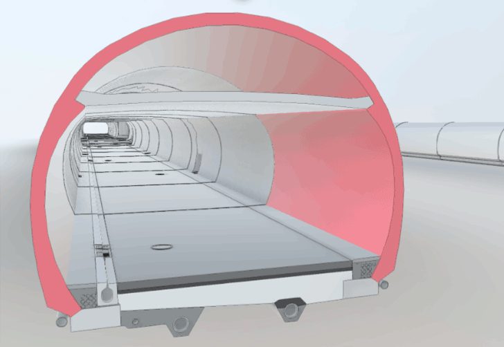 Modell des Tunnelquerschnitts mit rot hervorgehobenem Lichtraumprofil