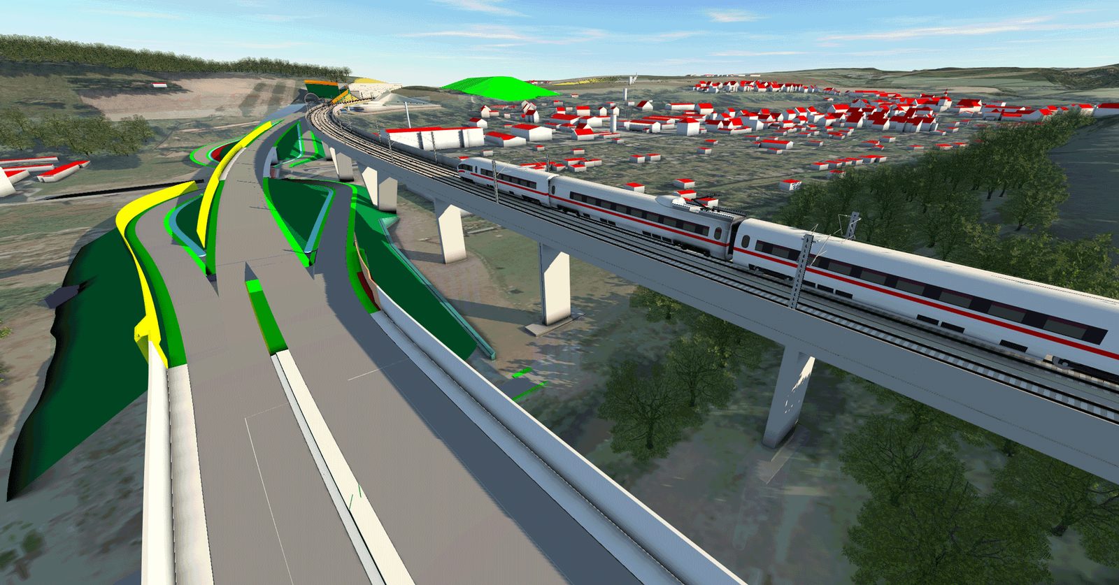 Visualisierung der Neubaustrecke Dresden–Prag mit einem Zug auf der Talbrücke