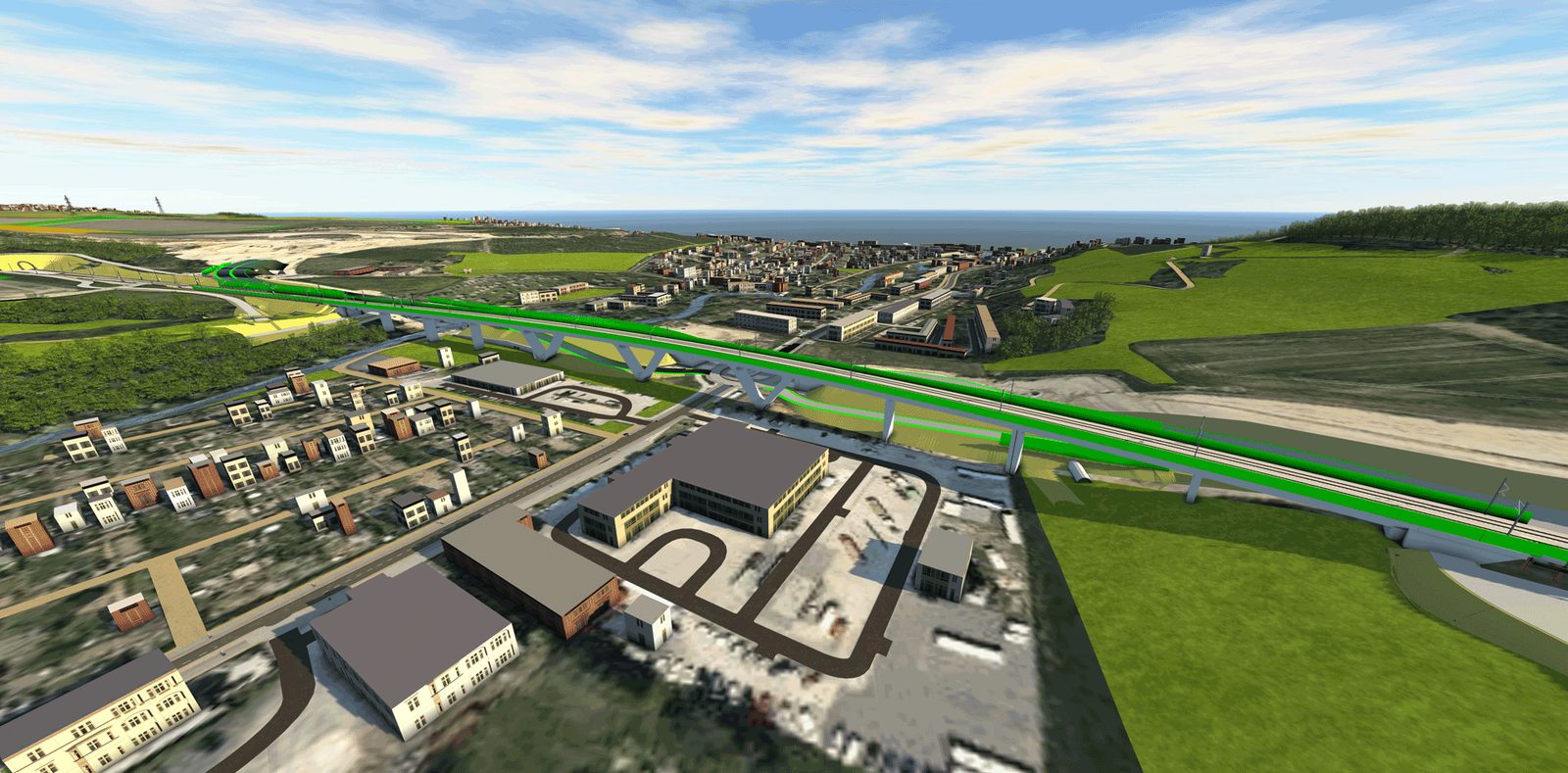 Visualisierung der Neubaustrecke Dresden–Prag am Ortsrand mit Gewerbegebiet