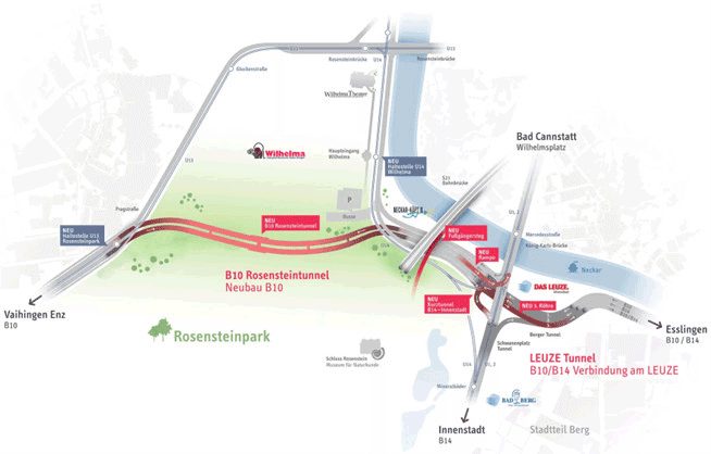 Übersichtskarte des Rosensteintunnels und der Verbindung am Leuze in Stuttgart