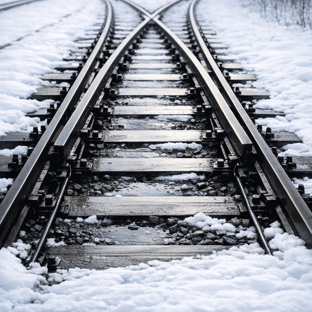 Schneebedeckte Weiche mit blank gefahrenen Schienen