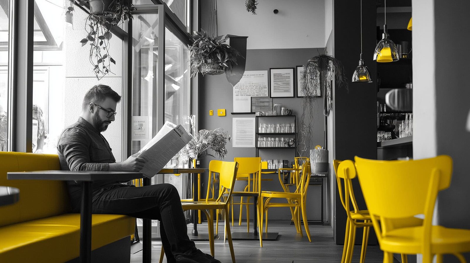 Person liest Zeitung in einem Café